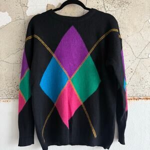 Vtg 80s Sweater Lambswool Angora Argyle Pullover Colorblock Diamond Knit Women M